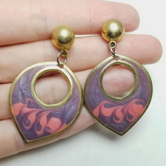 Vintage Jewelry - Vintage Purple and Pink Enamel Dangle Earrings, Fun 80s 90s Style, Barbie